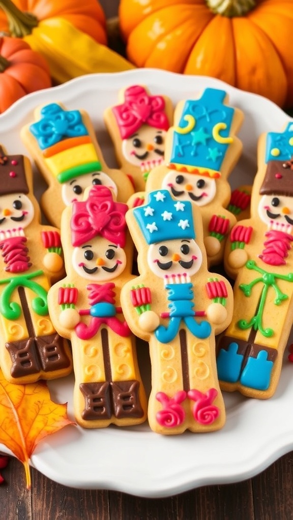 Decorated pumpkin spice nutcracker cookies on a festive plate, surrounded by autumn decorations.